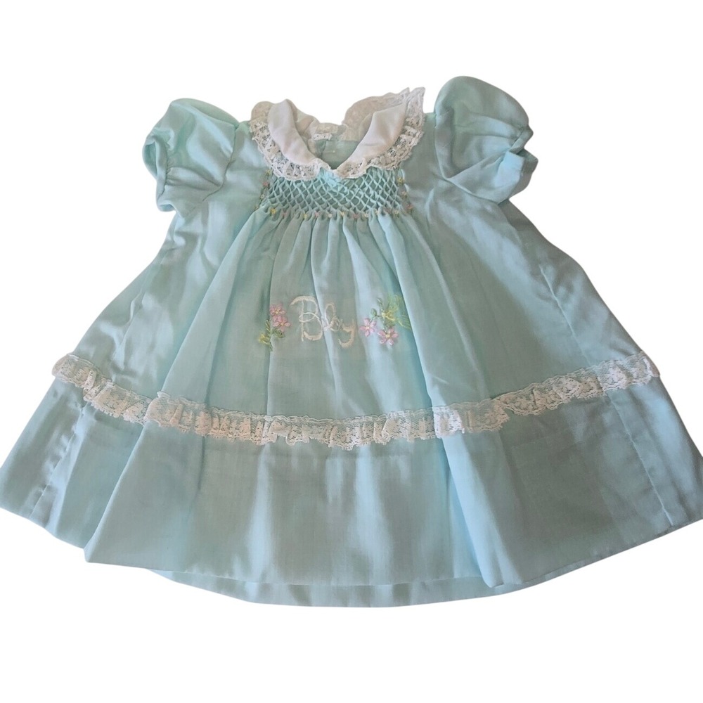 Polly Flinders Vintage Hand Smocked Baby Dress Blue Lace Floral Newborn 0-3M